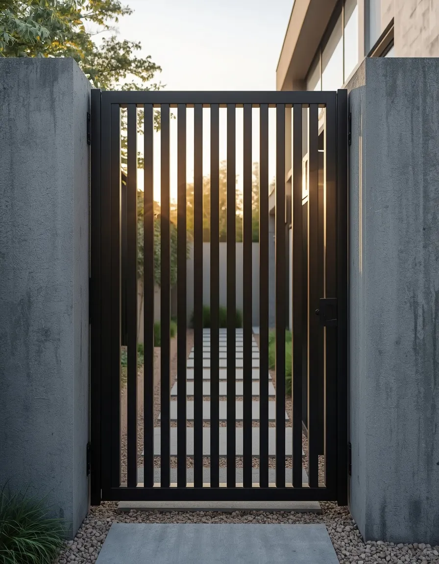 Modern black metal slat garden gate