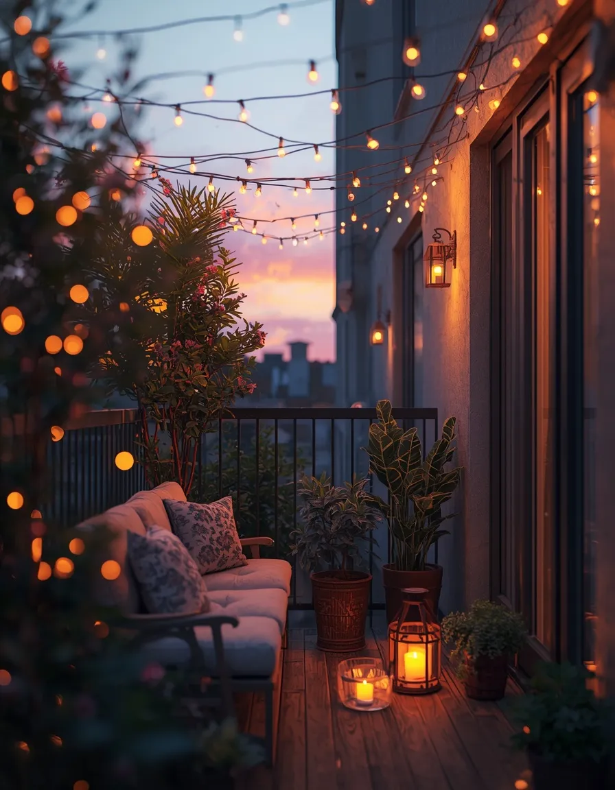 String lights on apartment balcony at dusk