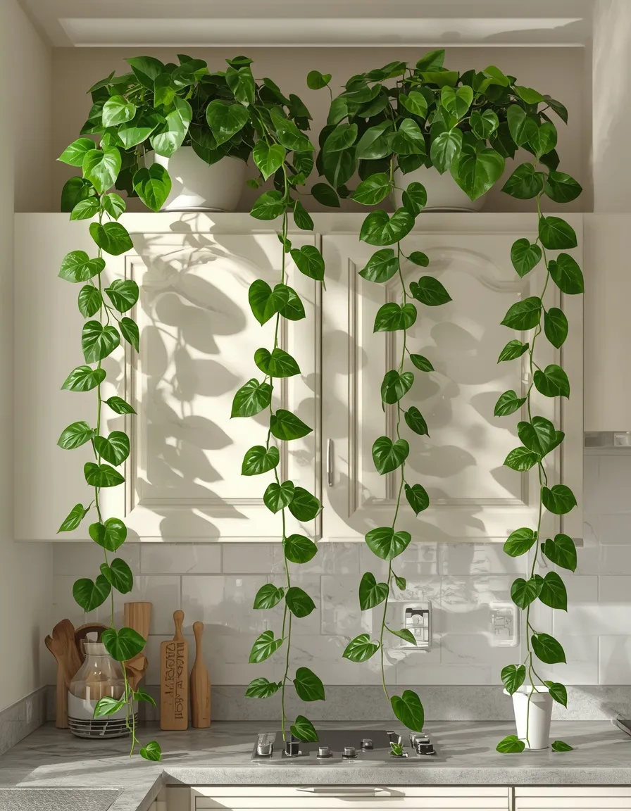 Trailing pothos above kitchen cabinets