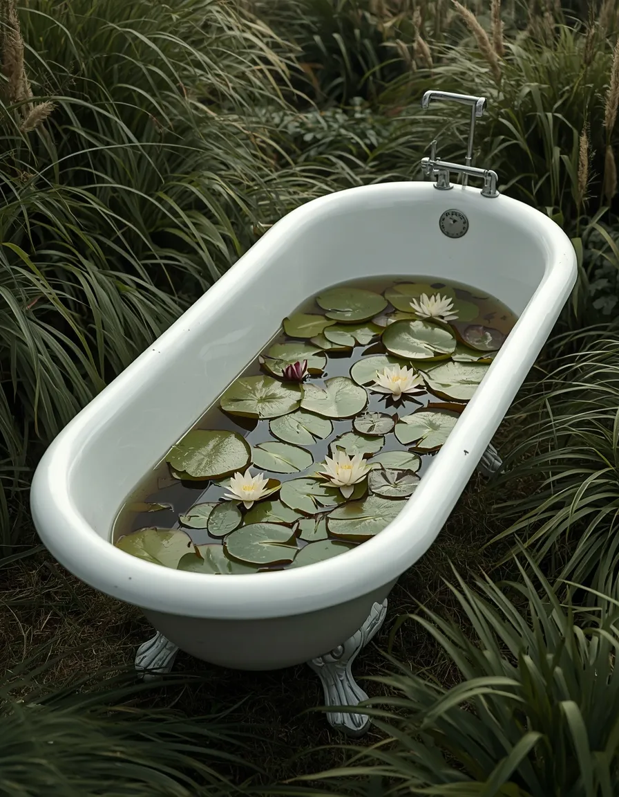 Clawfoot tub water garden with lilies