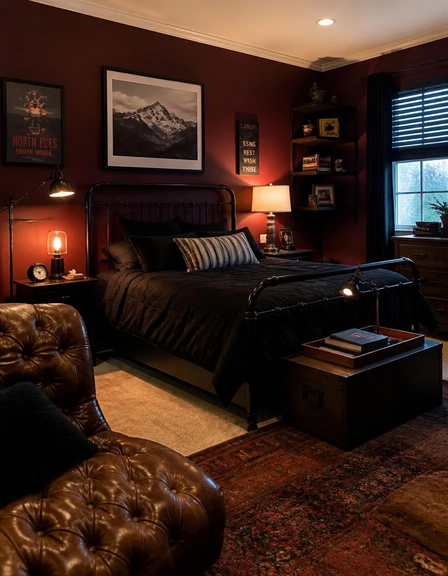 Dark red teen boy bedroom
