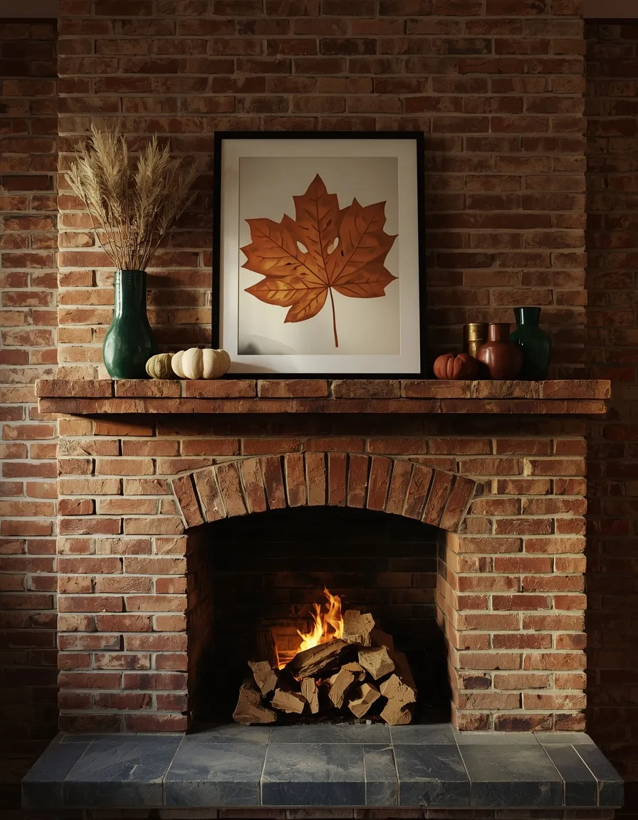 Fall mantel on a brick fireplace