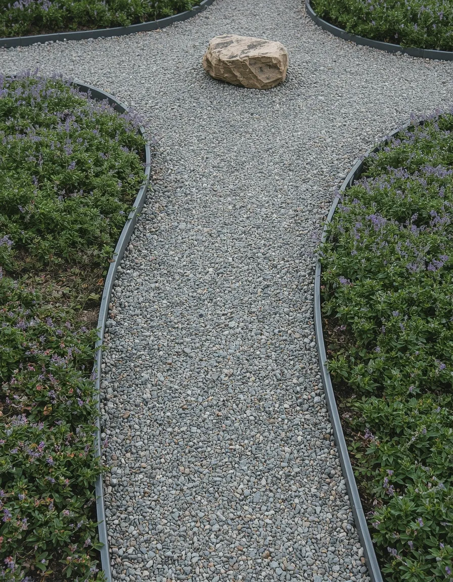 Gravel spiral path in a witchy garden