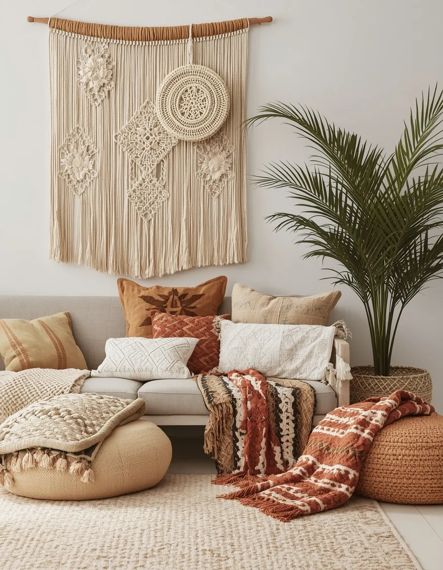 Macrame and woven textile layers
