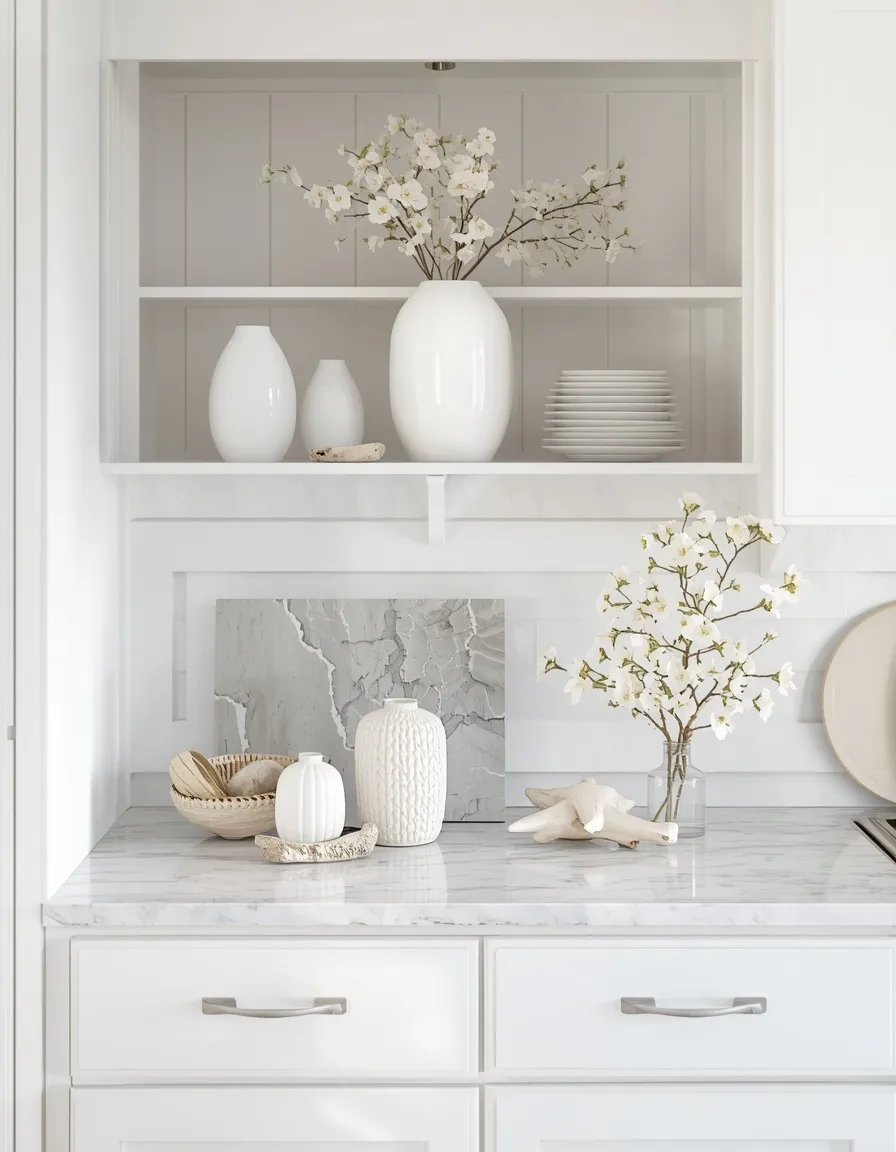 Bright white coastal decor above cabinets