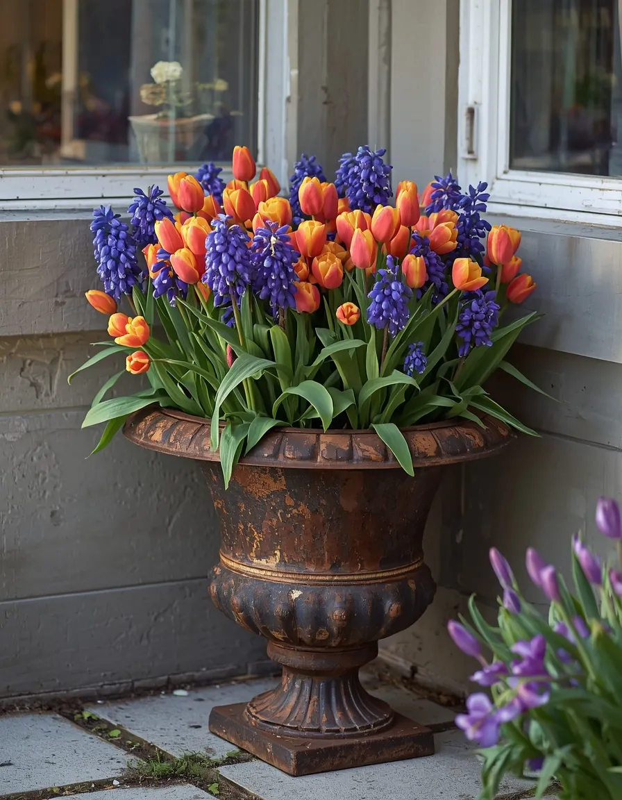 Cast iron antique planter with spring tulips