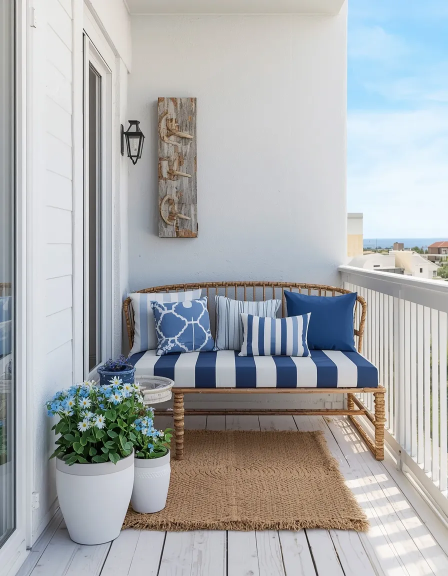 Coastal blue and white apartment balcony