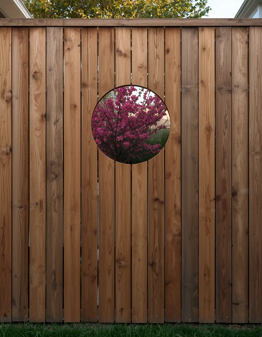 Moon gate cut into garden fence