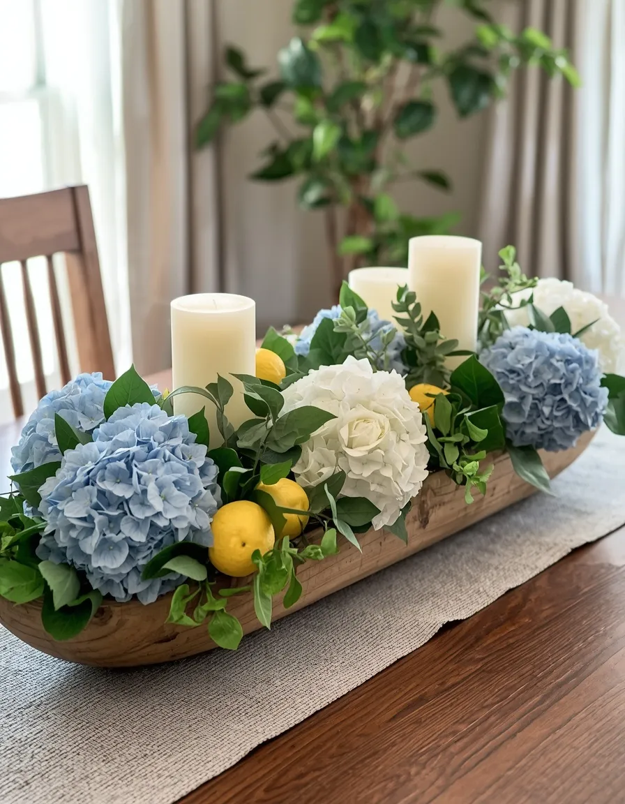 Summer dough bowl centerpiece with hydrangeas