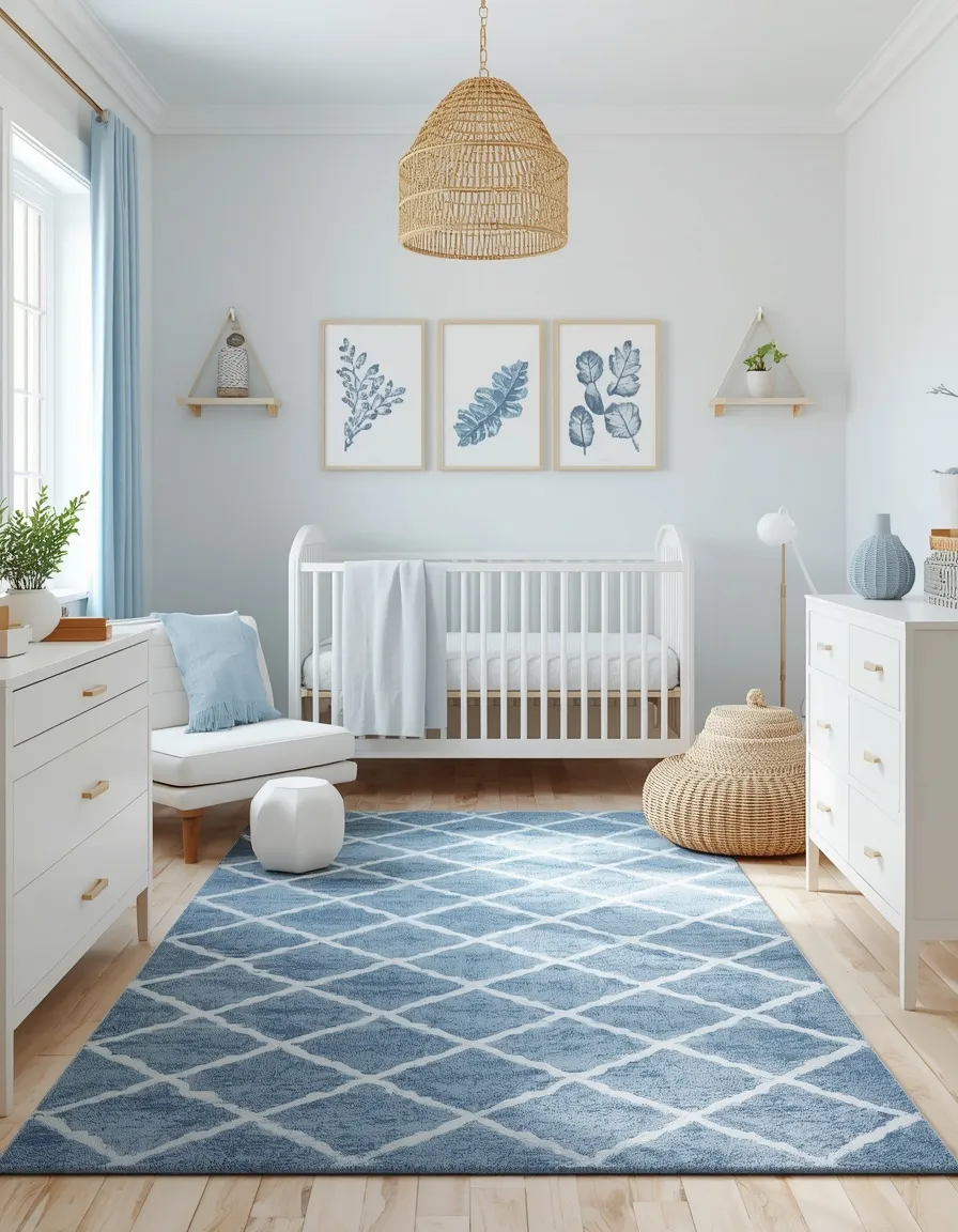 Blue and white nursery with rug