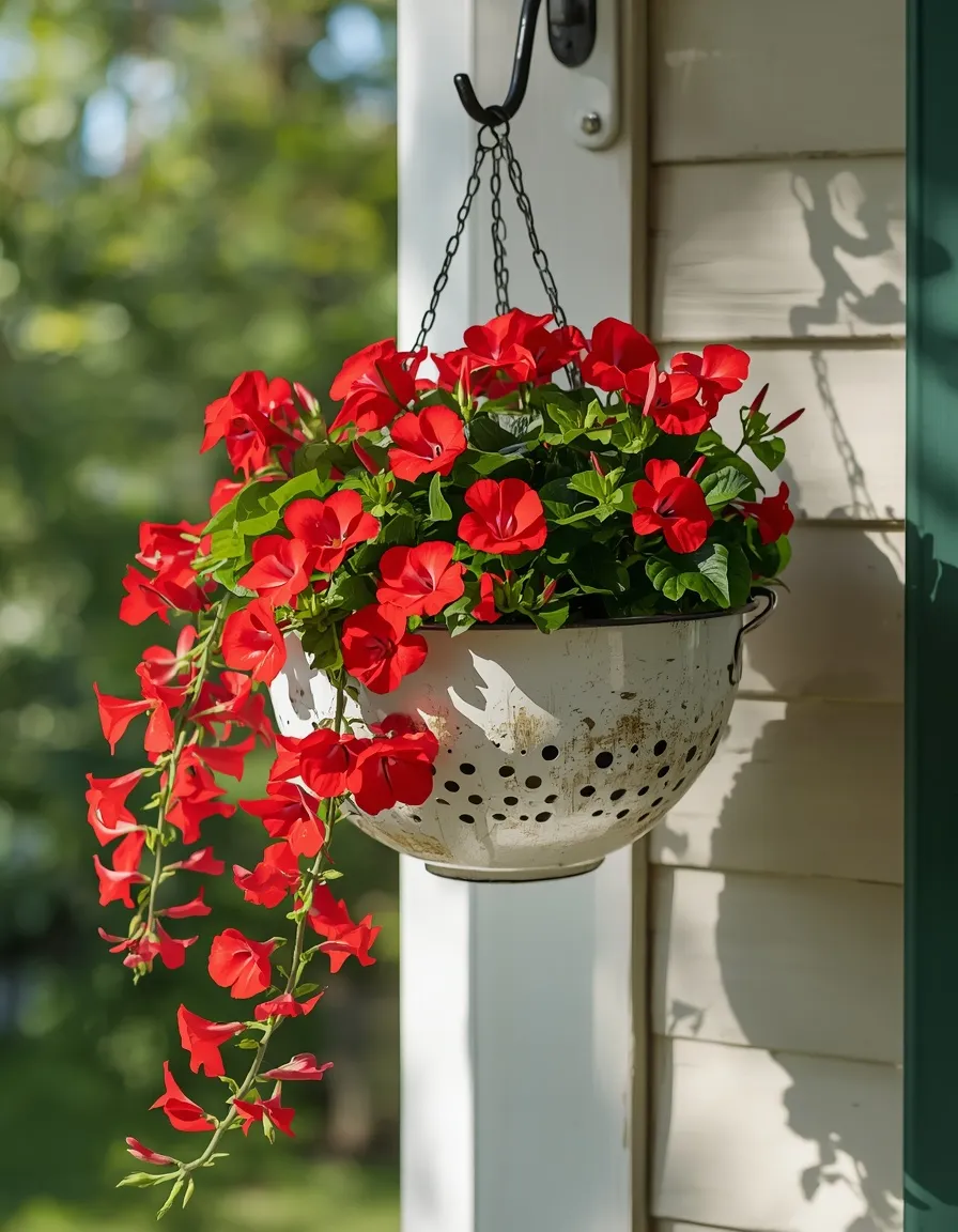 Colander hanging basket planted with flowers