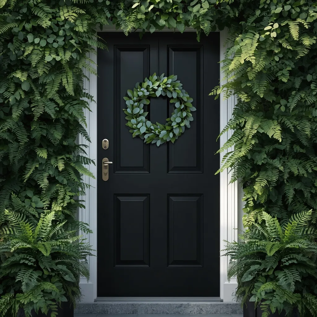 Lush greenery and fern black front door