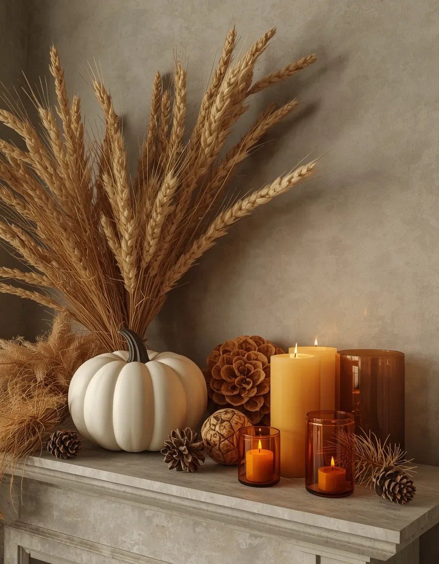 Pumpkin-free fall mantel with wheat