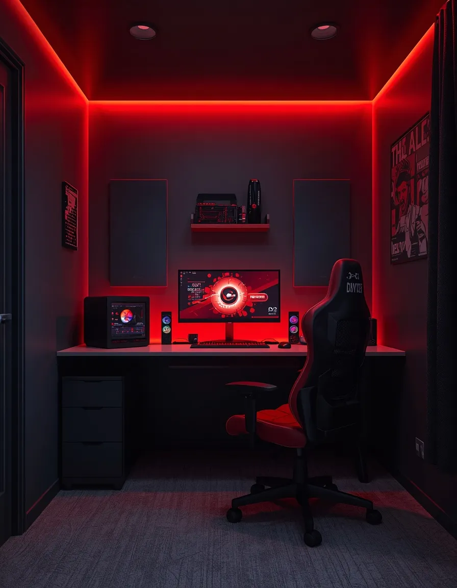 Red and black gaming room setup