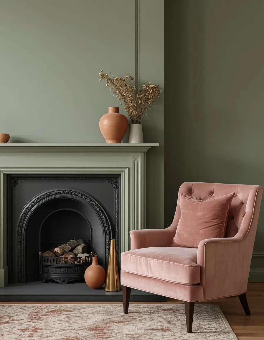 Sage green and blush pink fireplace