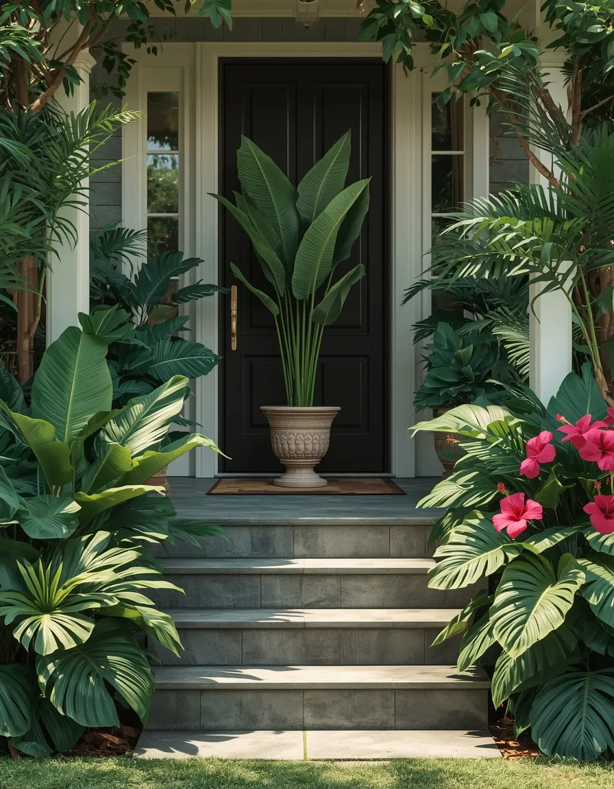 Tropical palm and fern summer front steps