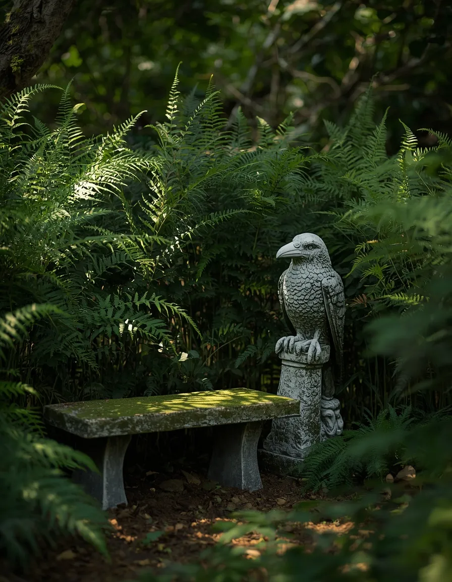 Weathered stone statue in a witchy garden