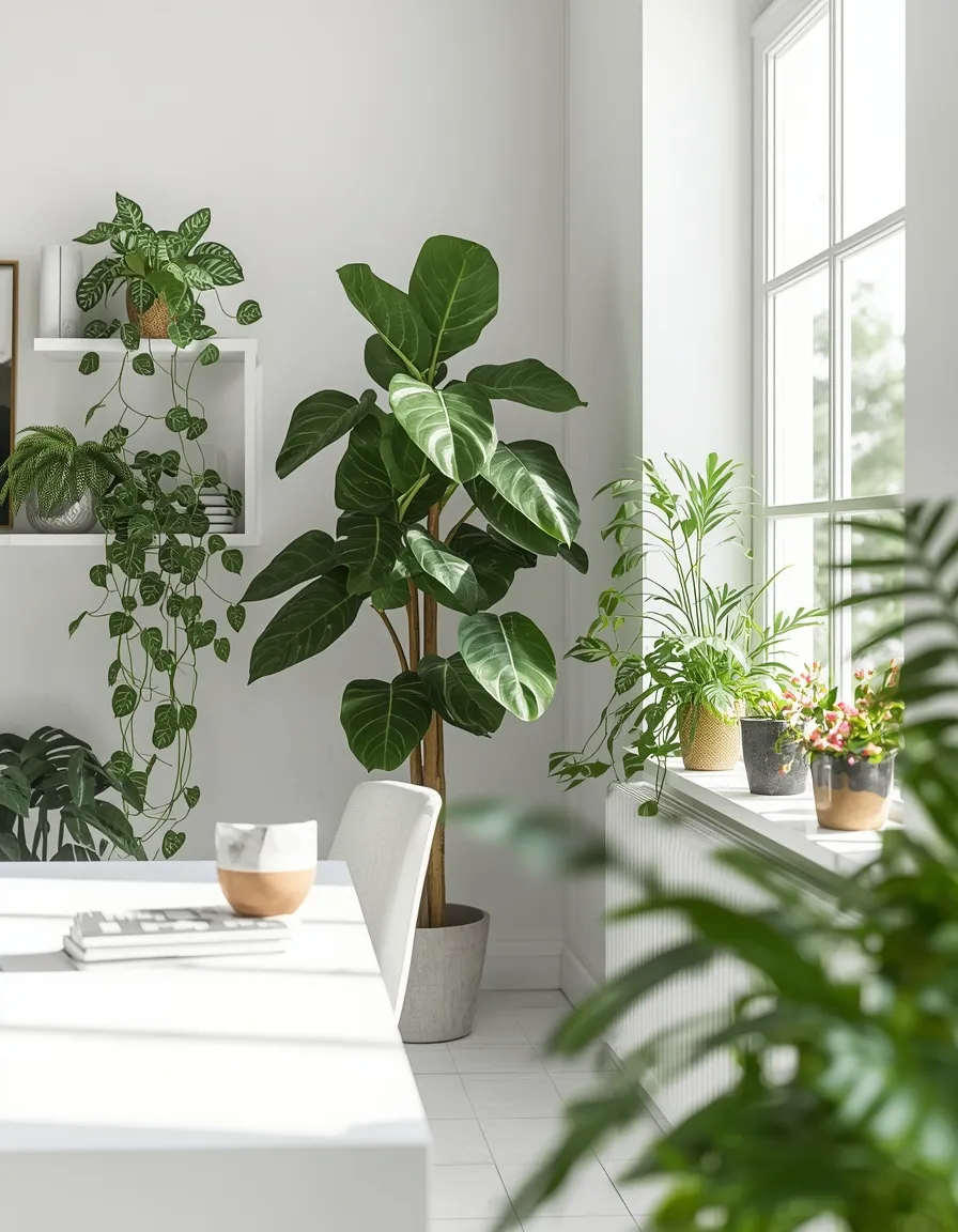 White boho home office with plants