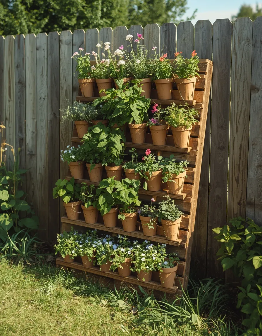 DIY pallet flower rack idea for gardens