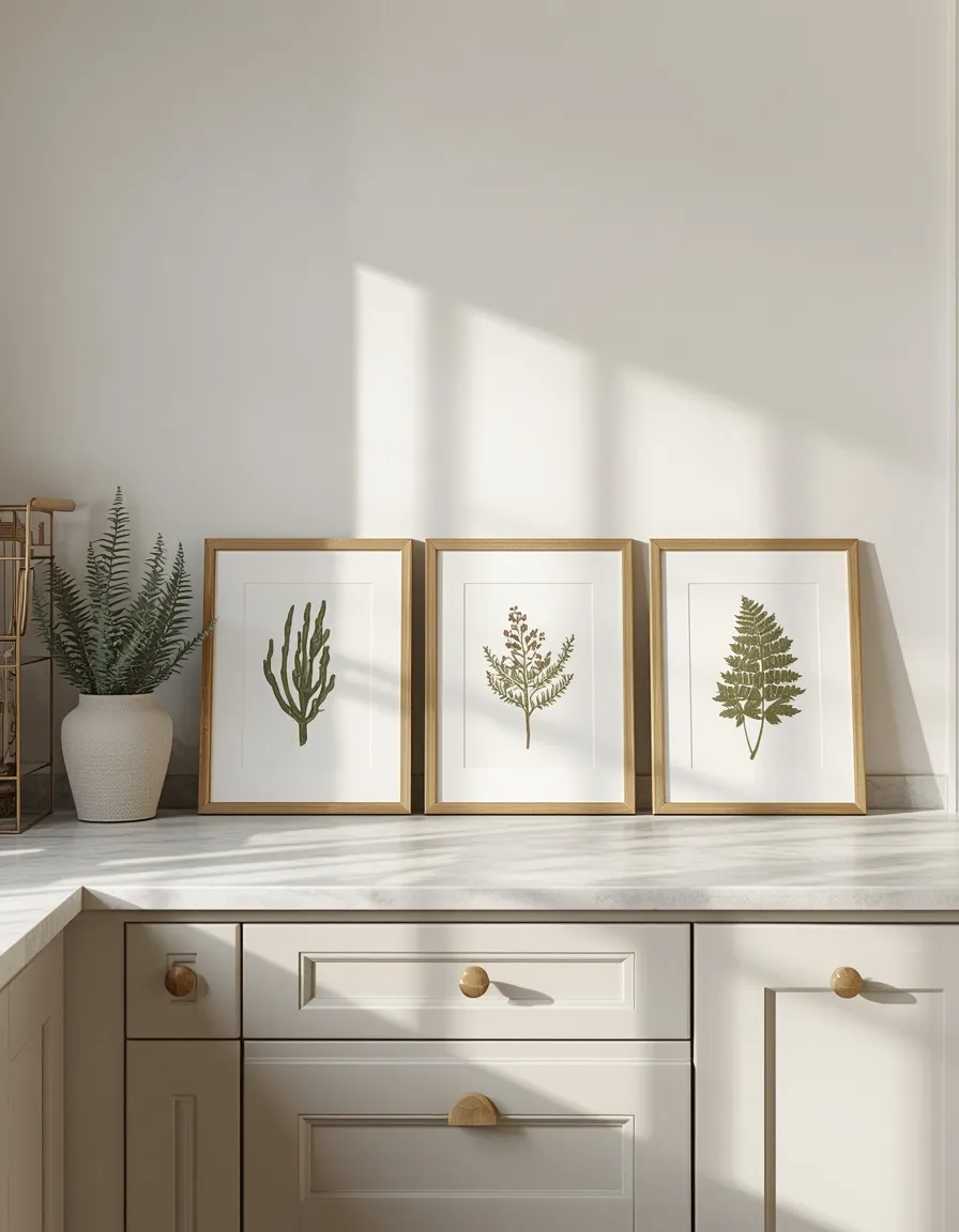 Framed botanical prints above cabinets