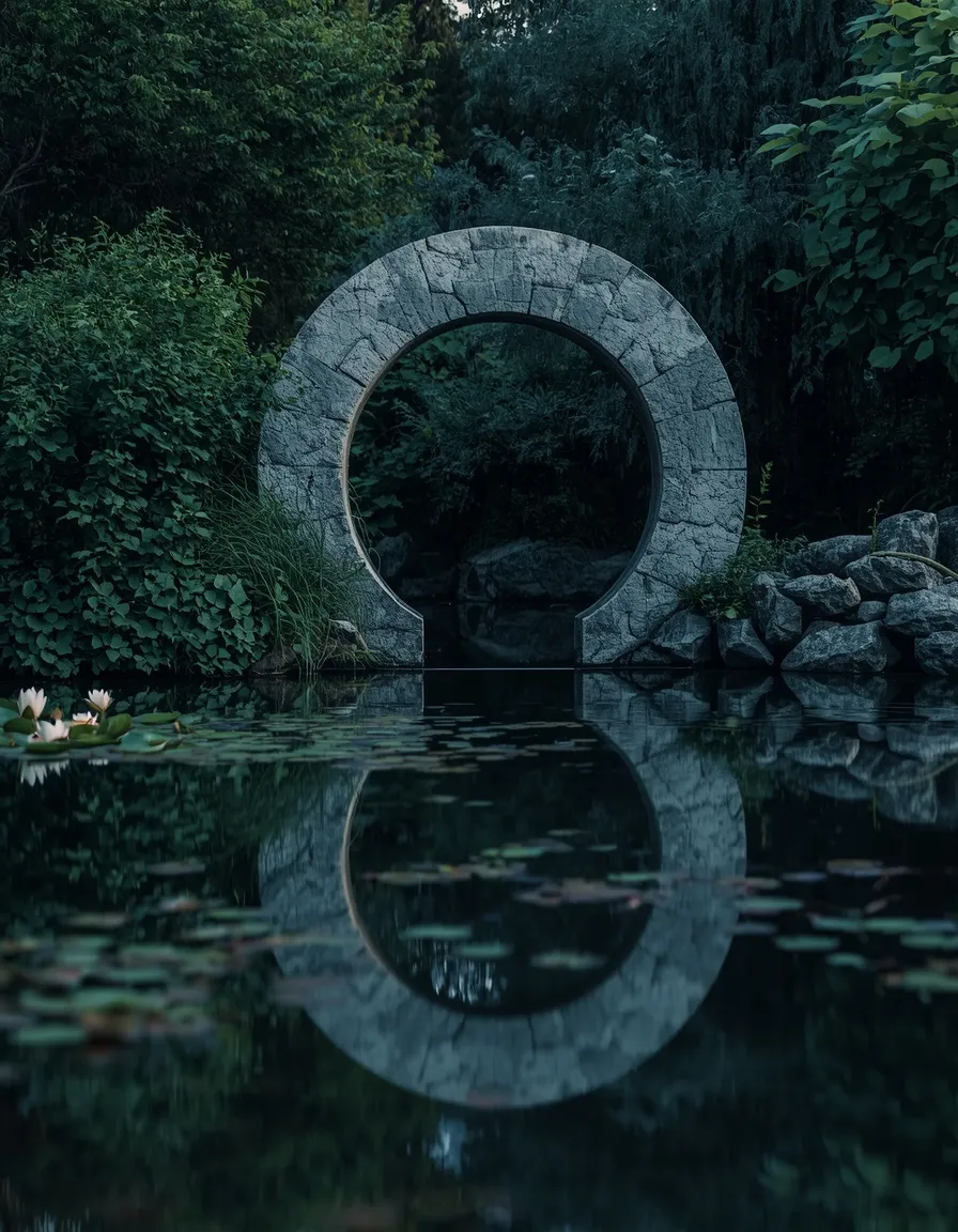 Moon gate framing garden pond view