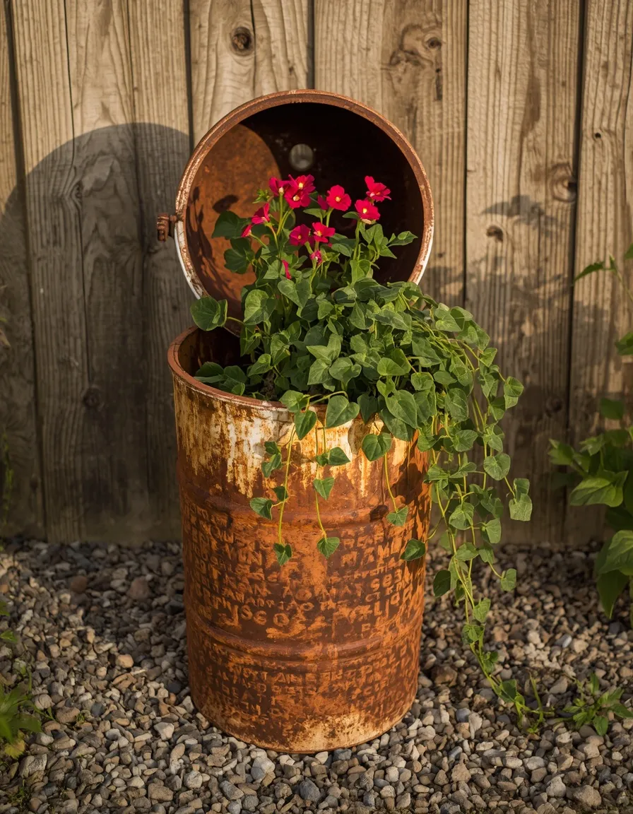 Repurposed antique corn planter with greenery