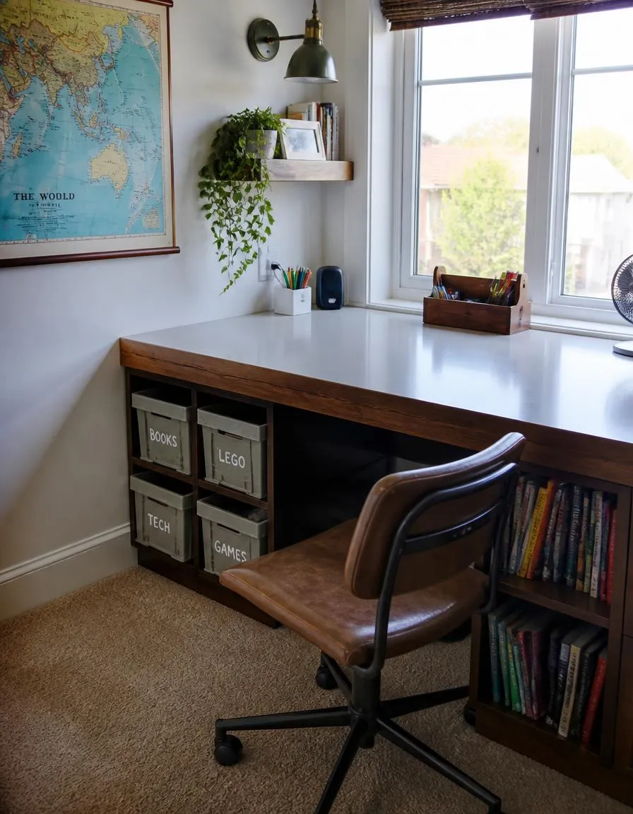 Boys room desk setup by a window