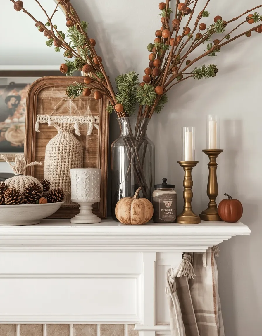 Budget-friendly foraged fall mantel