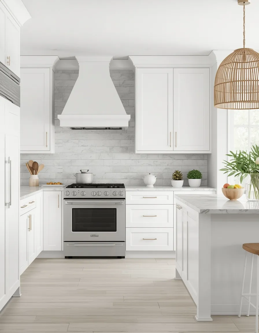 Crisp all-white kitchen with appliances