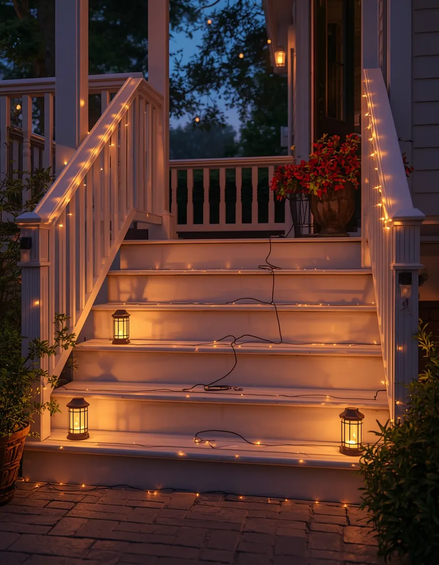 Evening string light summer front steps