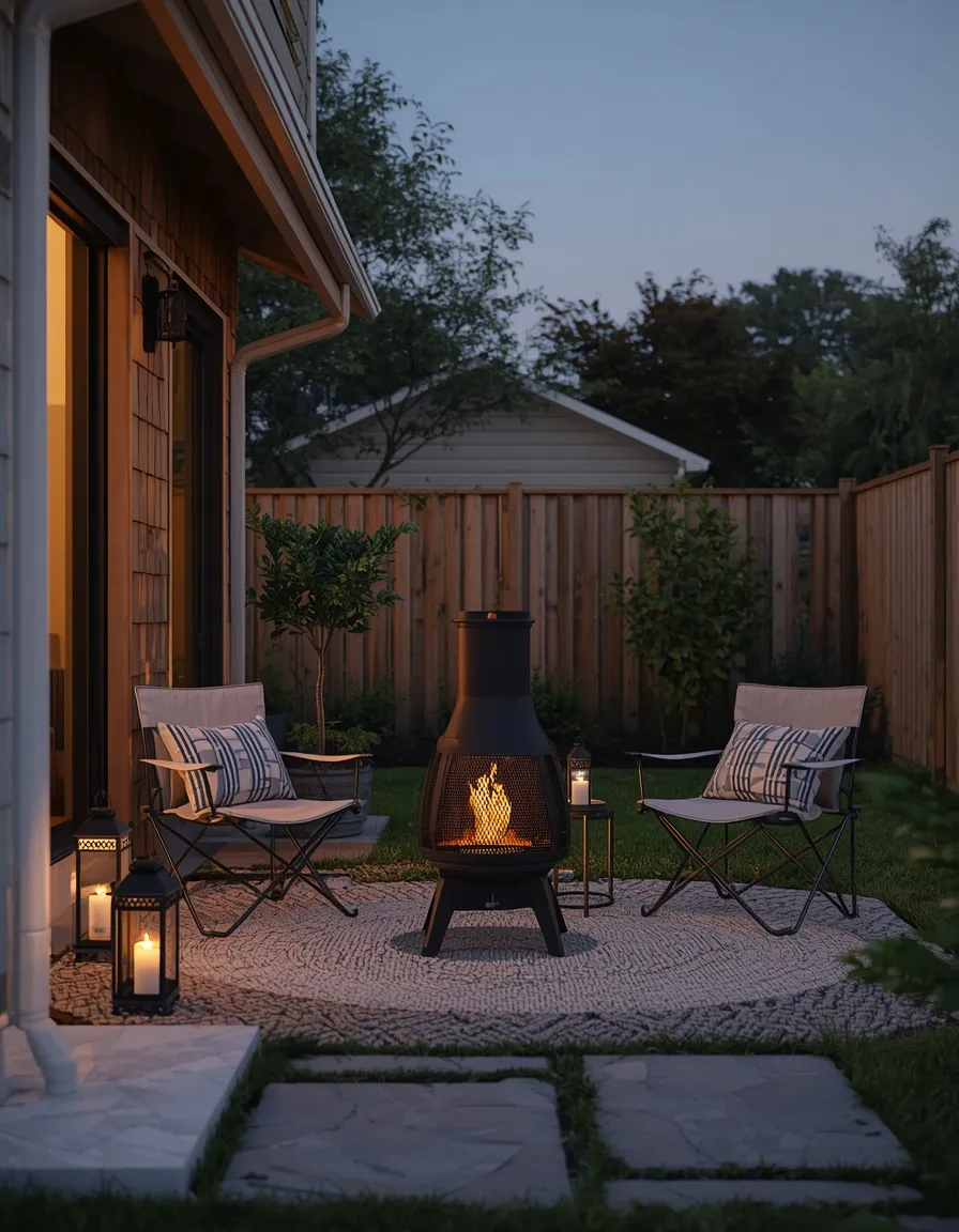 Portable fireplace in a small backyard