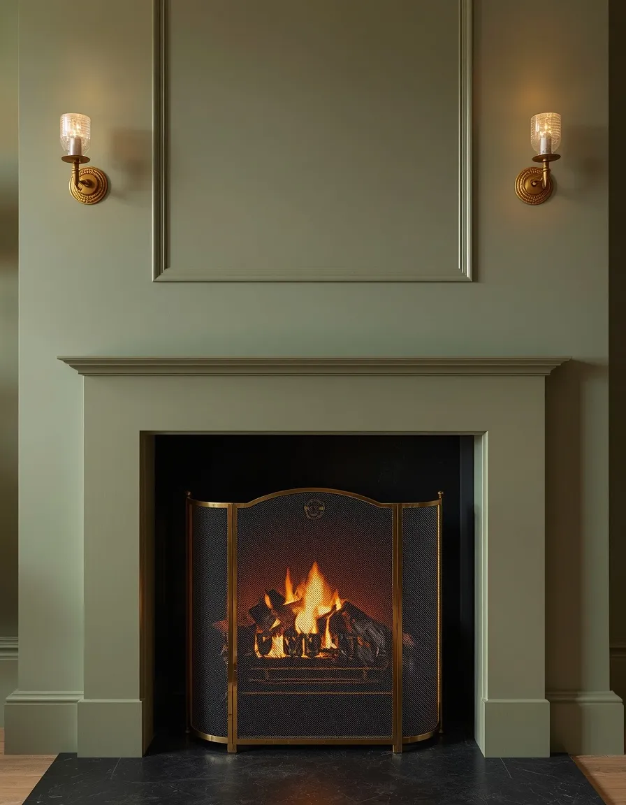Sage fireplace with brass sconces