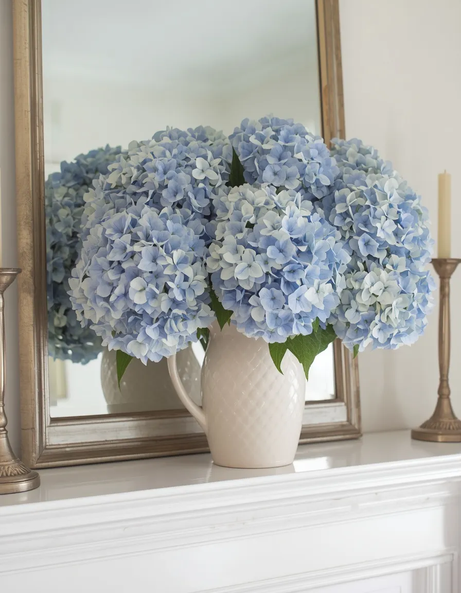 Summer mantel with fresh hydrangeas