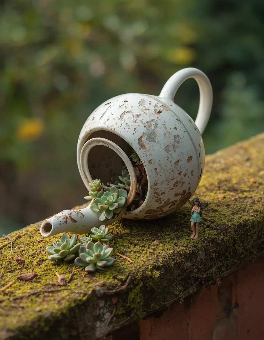 Teapot fairy garden with succulents