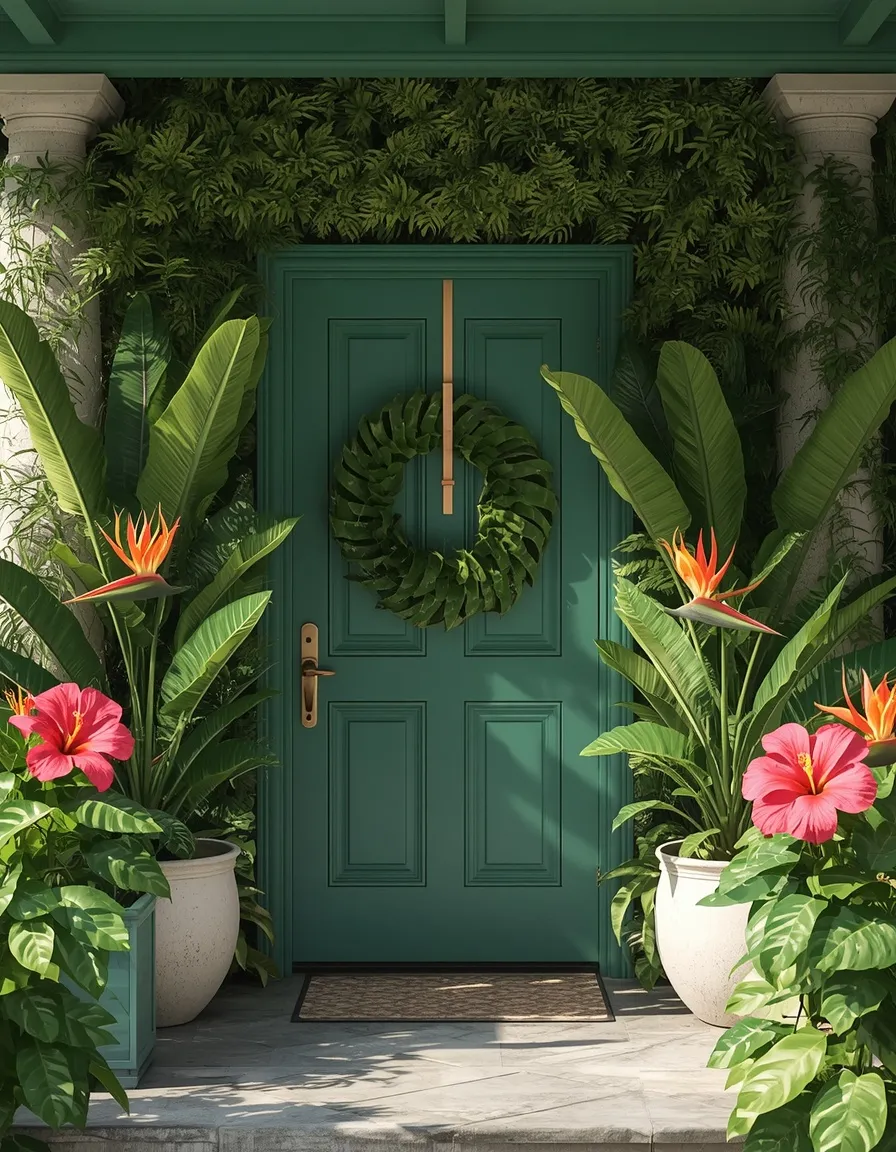 Tropical greenery summer front door