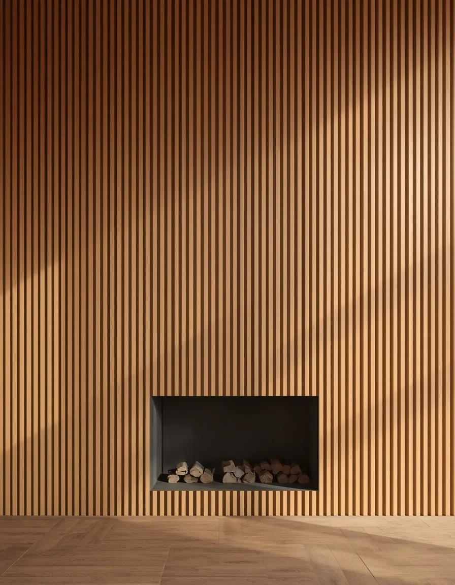 Vertical wood slat two story fireplace