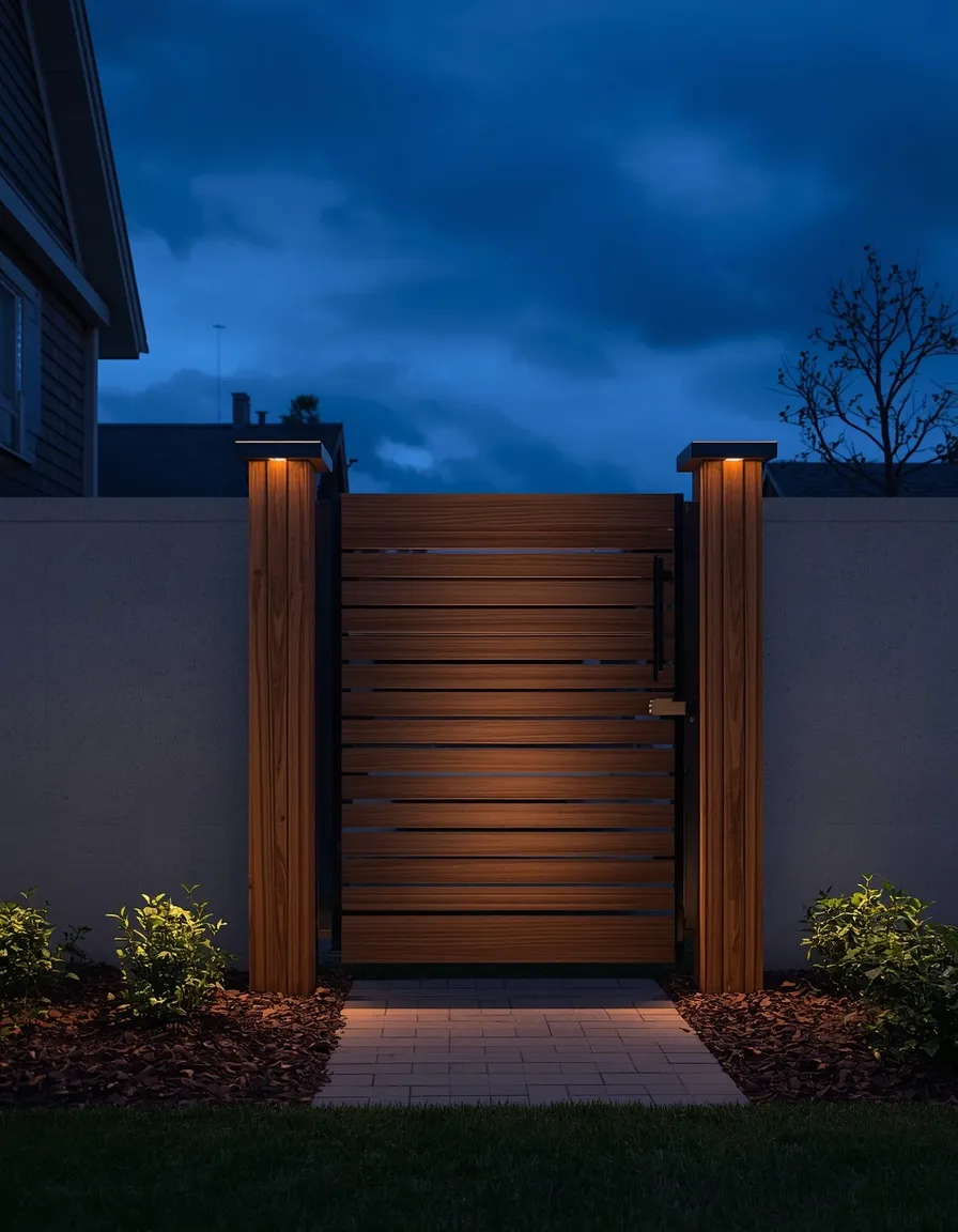 Solar-lit modern garden gate at dusk