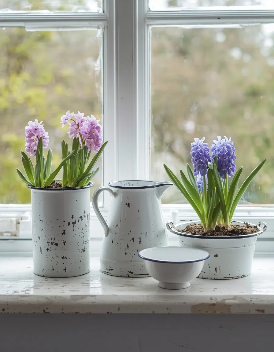 Vintage enamelware planters with spring flowers