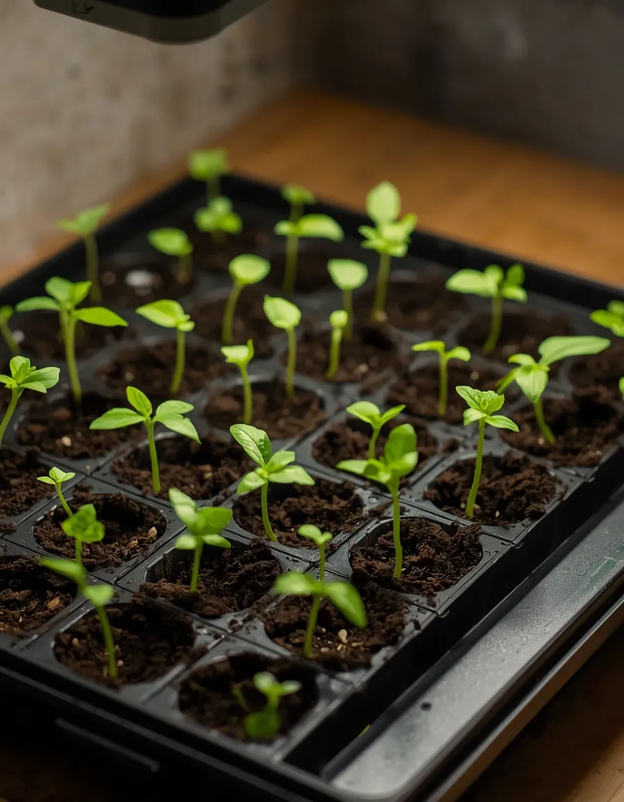 Bell pepper seedlings under a grow light