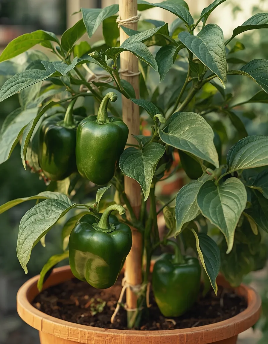 Staked bell pepper plant with fruit